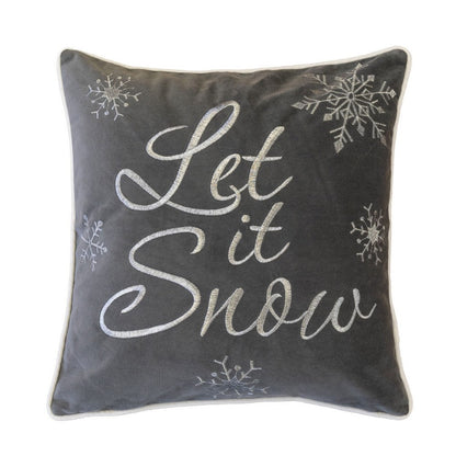 Rola Square Throw Pillow, Let It Snow Embroidery, Gray Cotton 20 Inch