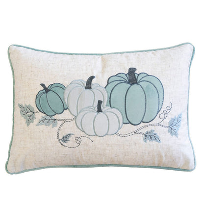 Niva Lumbar Pillow, Blue Embroidered Pumpkin, Ivory Cotton-Blend 14x20