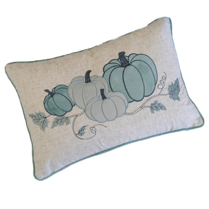 Niva Lumbar Pillow, Blue Embroidered Pumpkin, Ivory Cotton-Blend 14x20