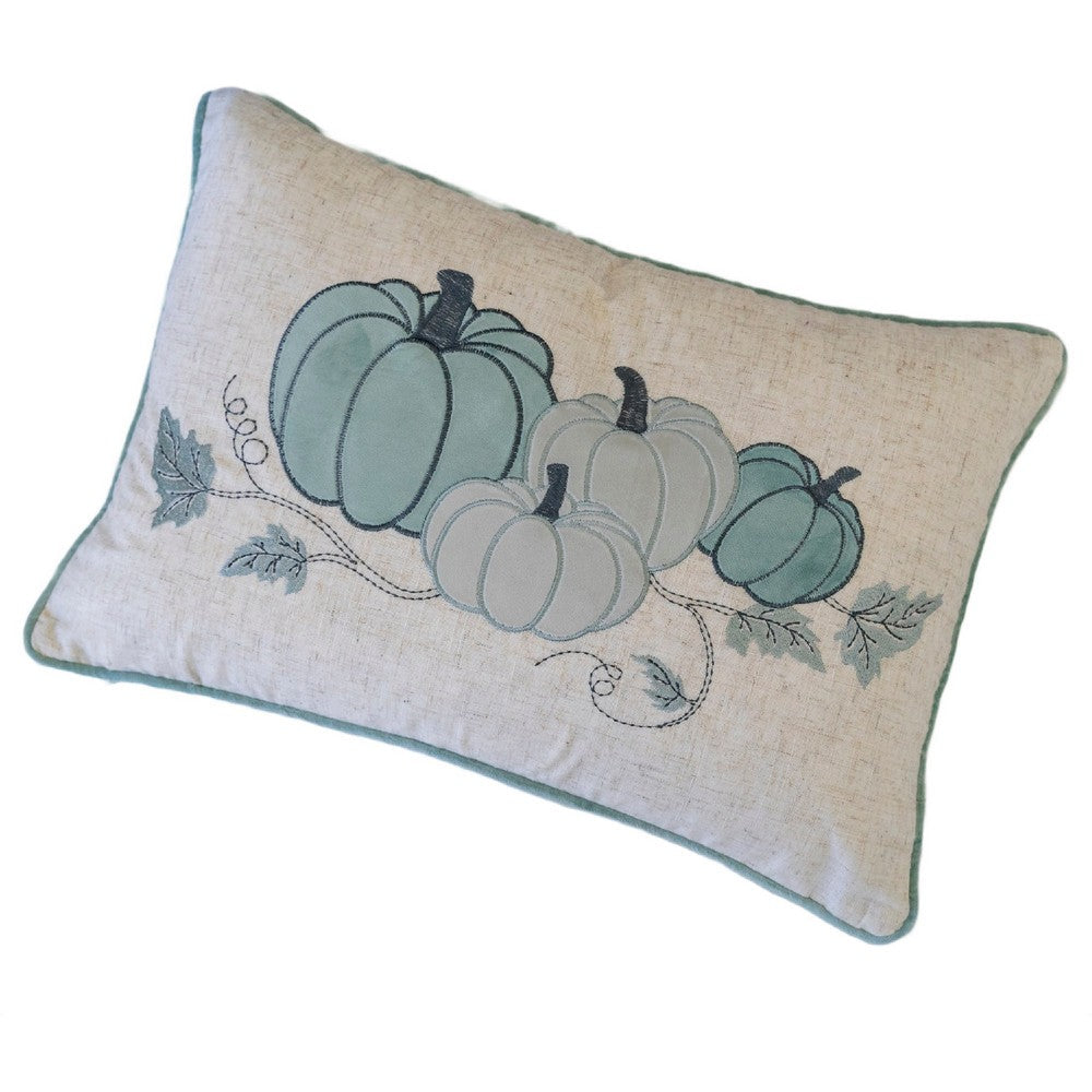 Niva Lumbar Pillow, Blue Embroidered Pumpkin, Ivory Cotton-Blend 14x20