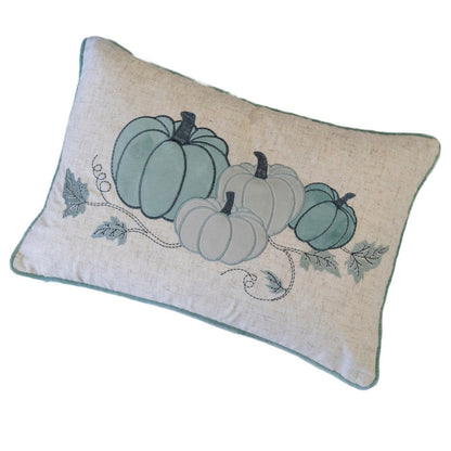 Niva Lumbar Pillow, Blue Embroidered Pumpkin, Ivory Cotton-Blend 14x20