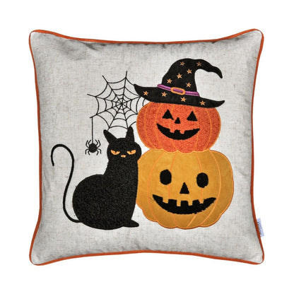 Square Throw Pillow, Cat and Pumpkin Stack