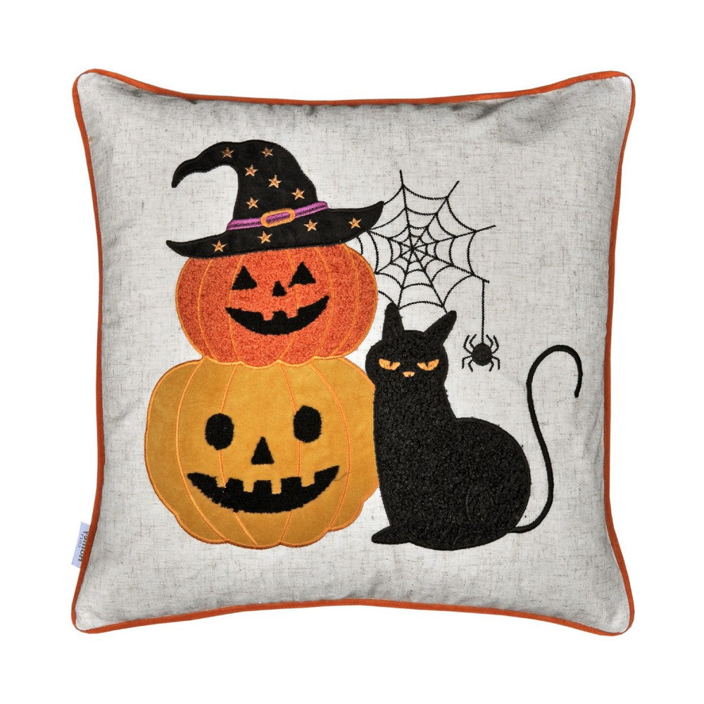 Square Throw Pillow, Cat and Pumpkin Stack