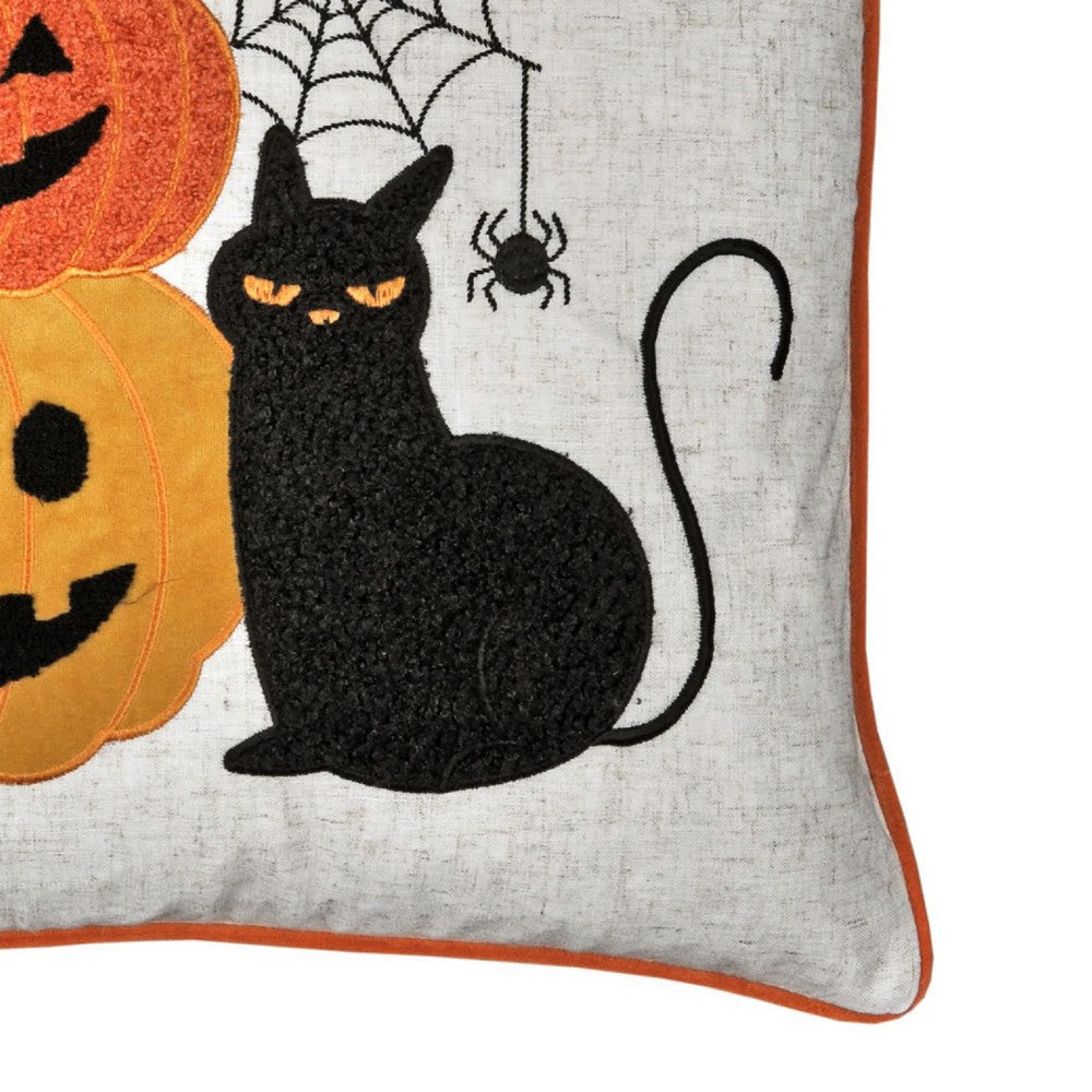 Square Throw Pillow, Cat and Pumpkin Stack