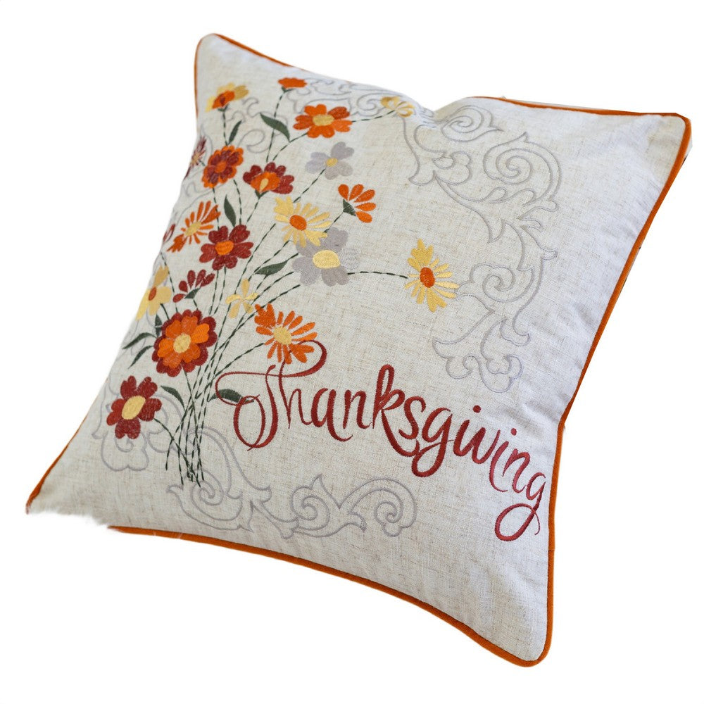 Niva Square Throw Pillow, Thanksgiving Embroidery