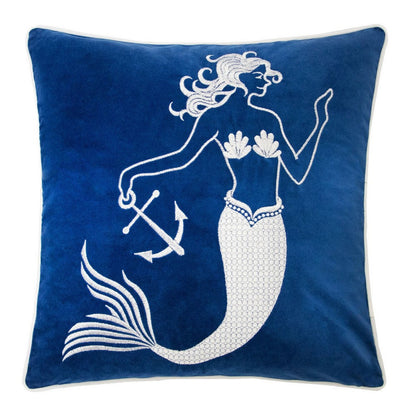 Niva Square Throw Pillow, Embroidered White Mermaid, Blue Velvet