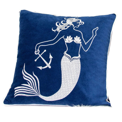Niva Square Throw Pillow, Embroidered White Mermaid, Blue Velvet