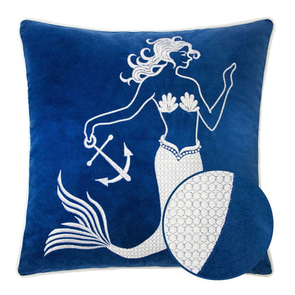 Niva Square Throw Pillow, Embroidered White Mermaid, Blue Velvet