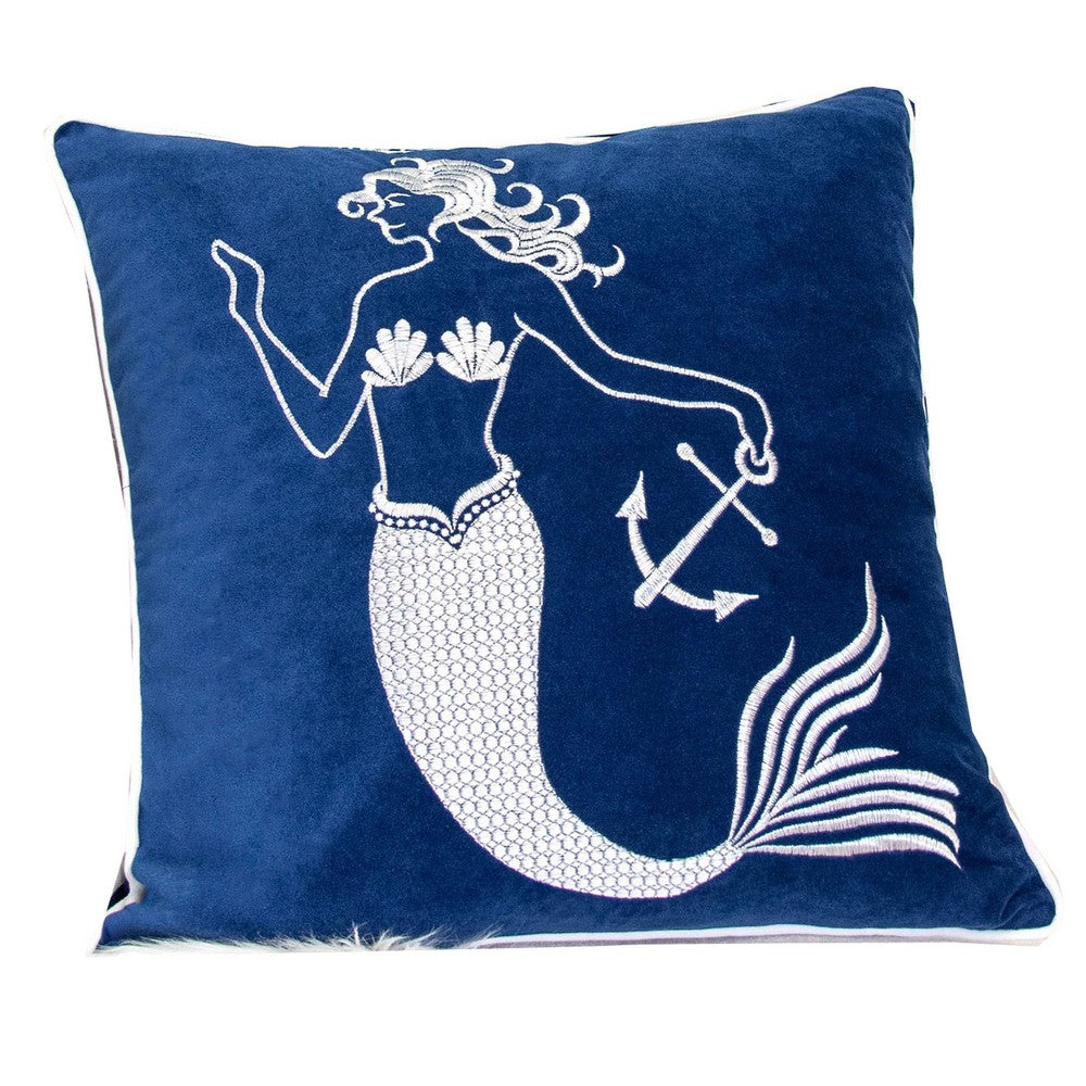 Niva Square Throw Pillow, Embroidered White Mermaid, Blue Velvet
