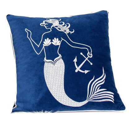 Niva Square Throw Pillow, Embroidered White Mermaid, Blue Velvet