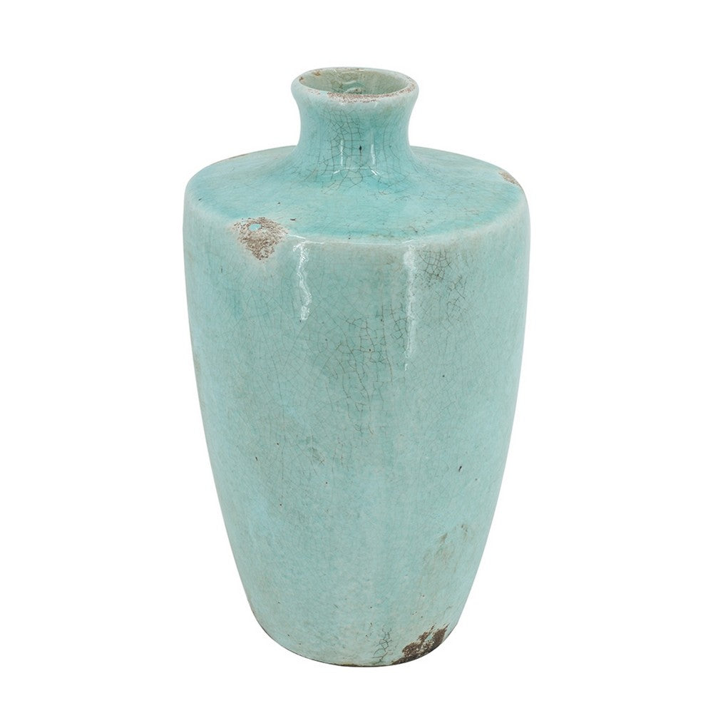 Tery Decorative Flower Vase, 10 Inch, Glazed Blue Patina Terracotta