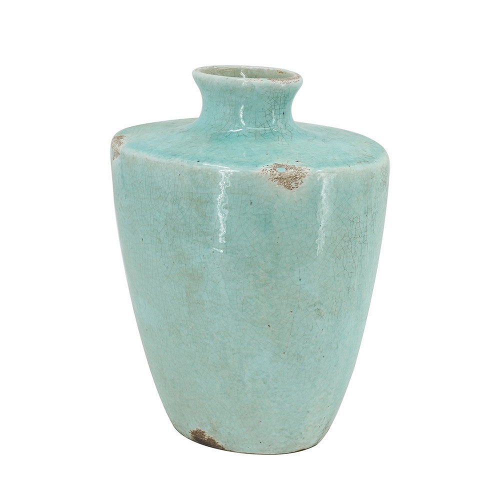 Tery Decorative Flower Vase, 10 Inch, Glazed Blue Patina Terracotta