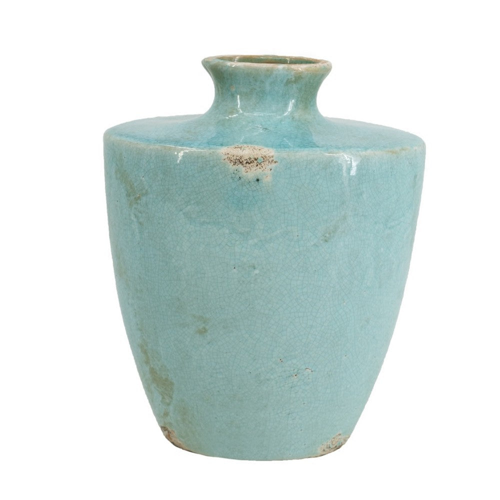 Tery Decorative Flower Vase, 10 Inch, Glazed Blue Patina Terracotta