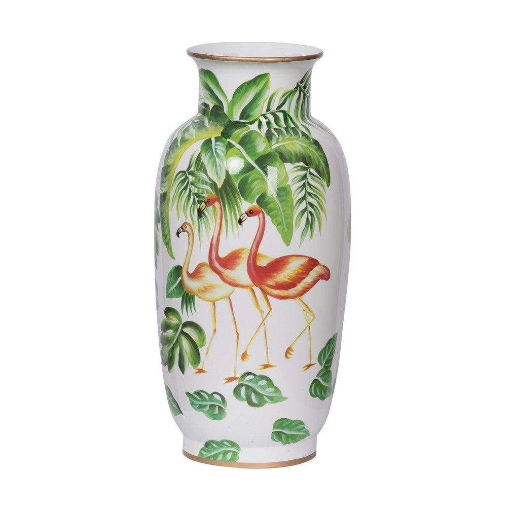 Jesu Decorative Botanical Flamingo Vase, White Green Porcelain