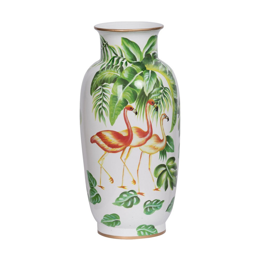 Jesu Decorative Botanical Flamingo Vase, White Green Porcelain