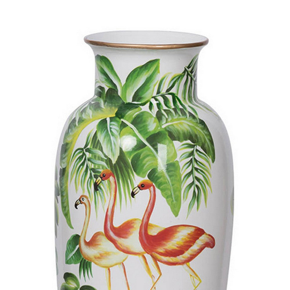 Jesu Decorative Botanical Flamingo Vase, White Green Porcelain