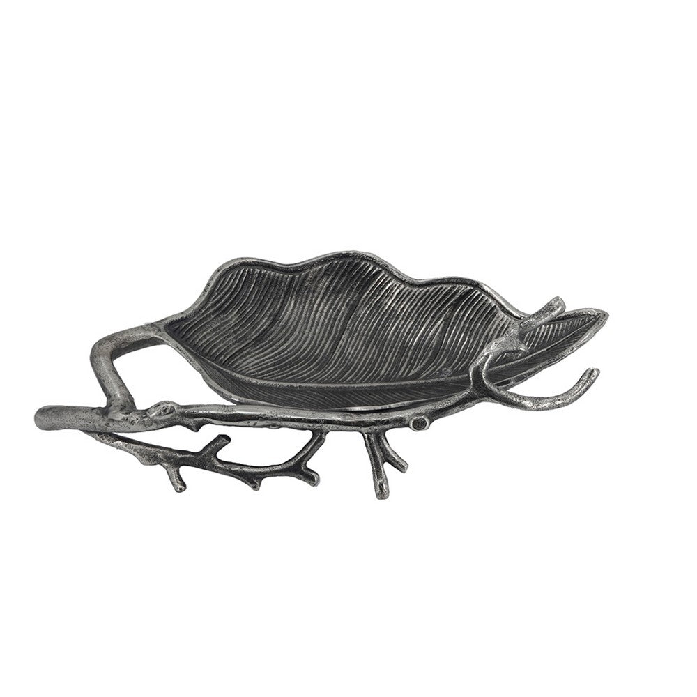 Decorative Leaf Accent Bowl Tray, 16 Inch Antique Silver Aluminum