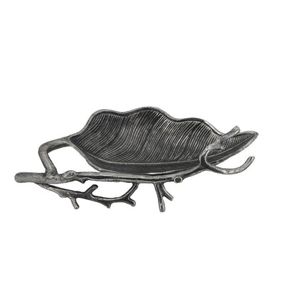 Decorative Leaf Accent Bowl Tray, 16 Inch Antique Silver Aluminum