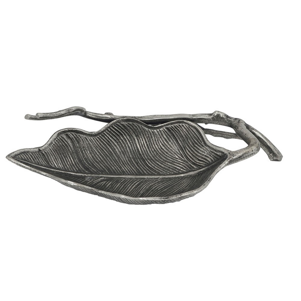 Decorative Leaf Accent Bowl Tray, 16 Inch Antique Silver Aluminum