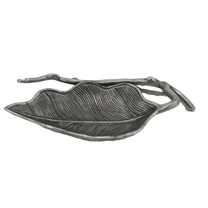 Decorative Leaf Accent Bowl Tray, 16 Inch Antique Silver Aluminum
