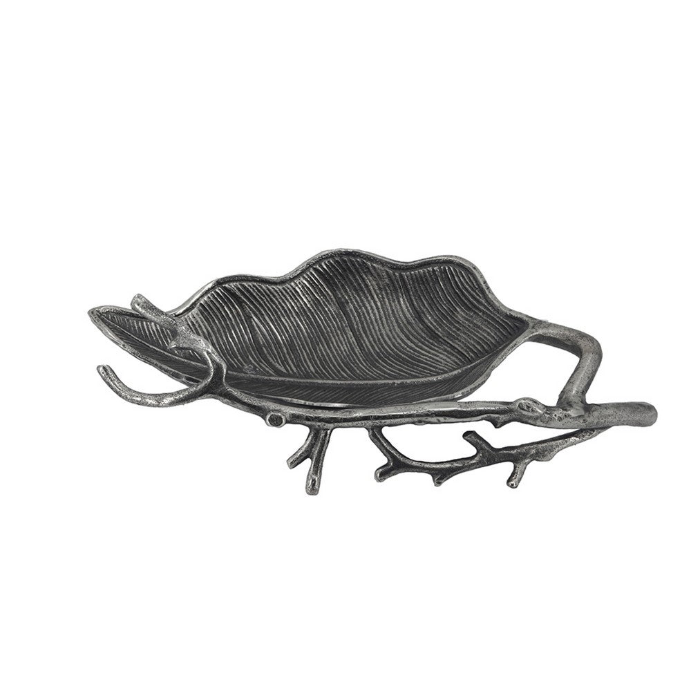 Decorative Leaf Accent Bowl Tray, 16 Inch Antique Silver Aluminum