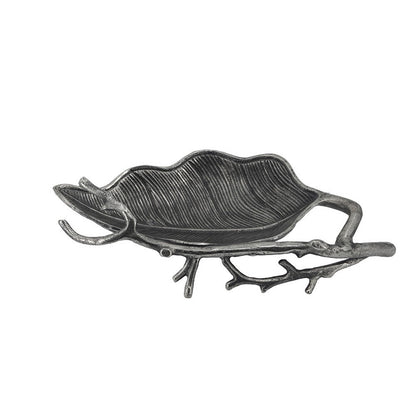 Decorative Leaf Accent Bowl Tray, 16 Inch Antique Silver Aluminum