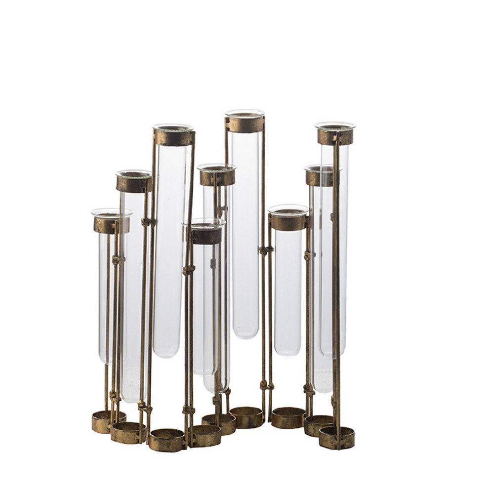Glass Flower Vase with Separate Tubes and Bronze Metal Stand