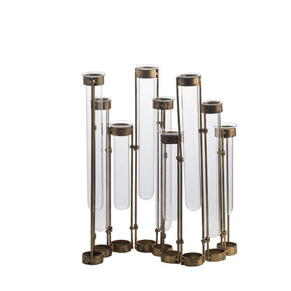 Glass Flower Vase with Separate Tubes and Bronze Metal Stand