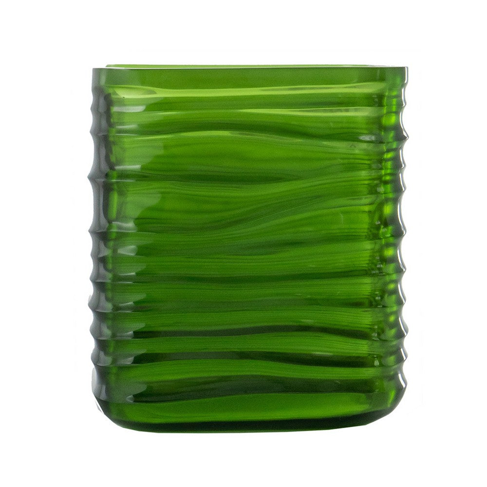 Decorative Vase, Square Shaped Rippled Texture, Green Resin 9 Inch