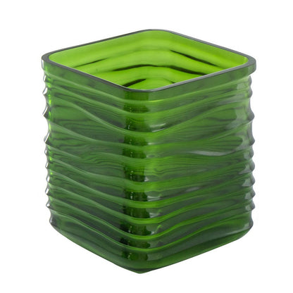 Decorative Vase, Square Shaped Rippled Texture, Green Resin 9 Inch