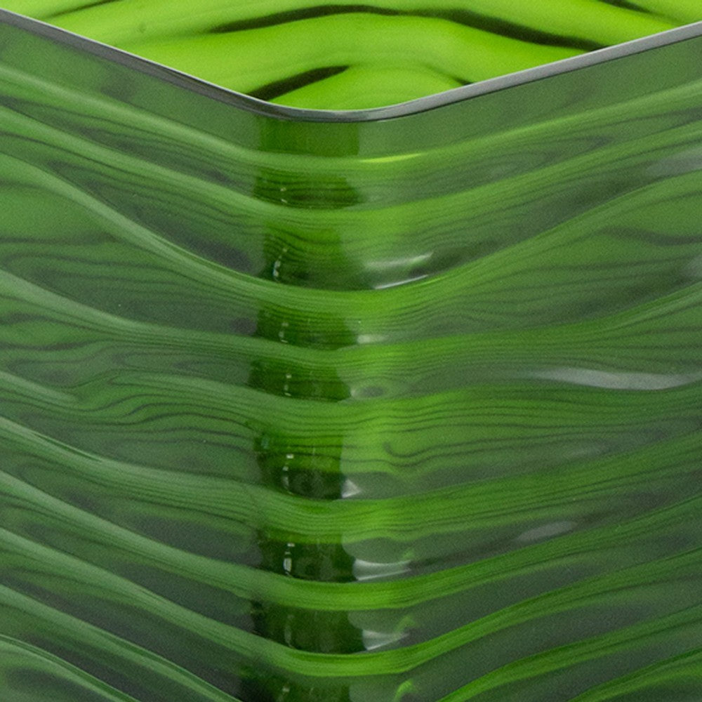 Decorative Vase, Square Shaped Rippled Texture, Green Resin 9 Inch