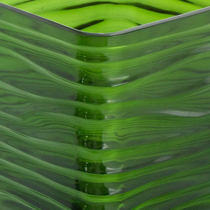 Decorative Vase, Square Shaped Rippled Texture, Green Resin 9 Inch
