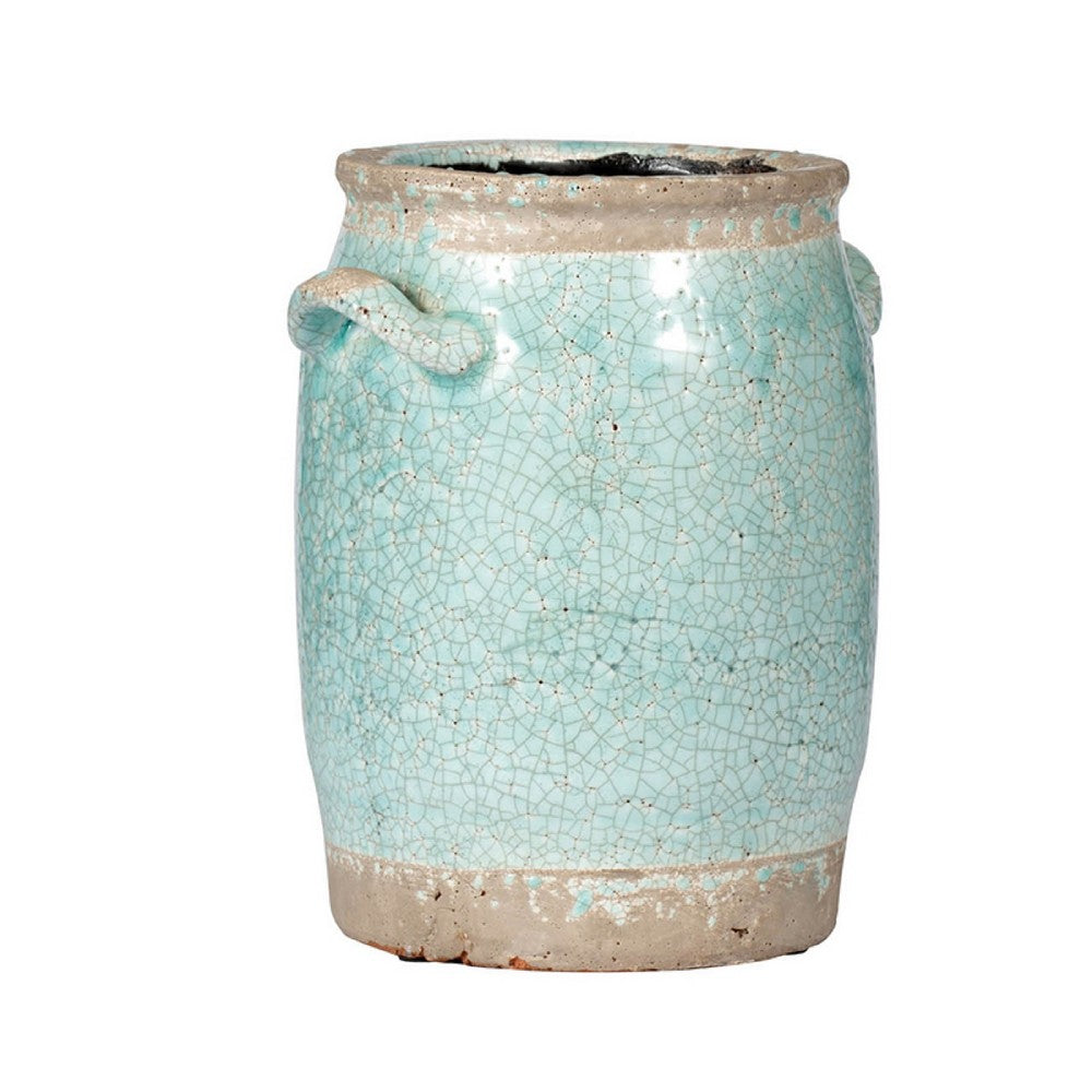 Decorative Vase with Crackle Glaze, 8 Inch Aqua Turquoise Ceramic