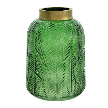 Dsy Floral Vase with Gold Rim, Embossed Fern Leaf, Green Glass 8 Inch