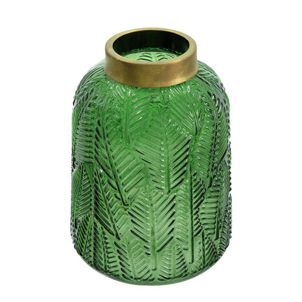 Dsy Floral Vase with Gold Rim, Embossed Fern Leaf, Green Glass 8 Inch