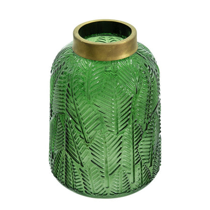 Dsy Floral Vase with Gold Rim, Embossed Fern Leaf, Green Glass 8 Inch