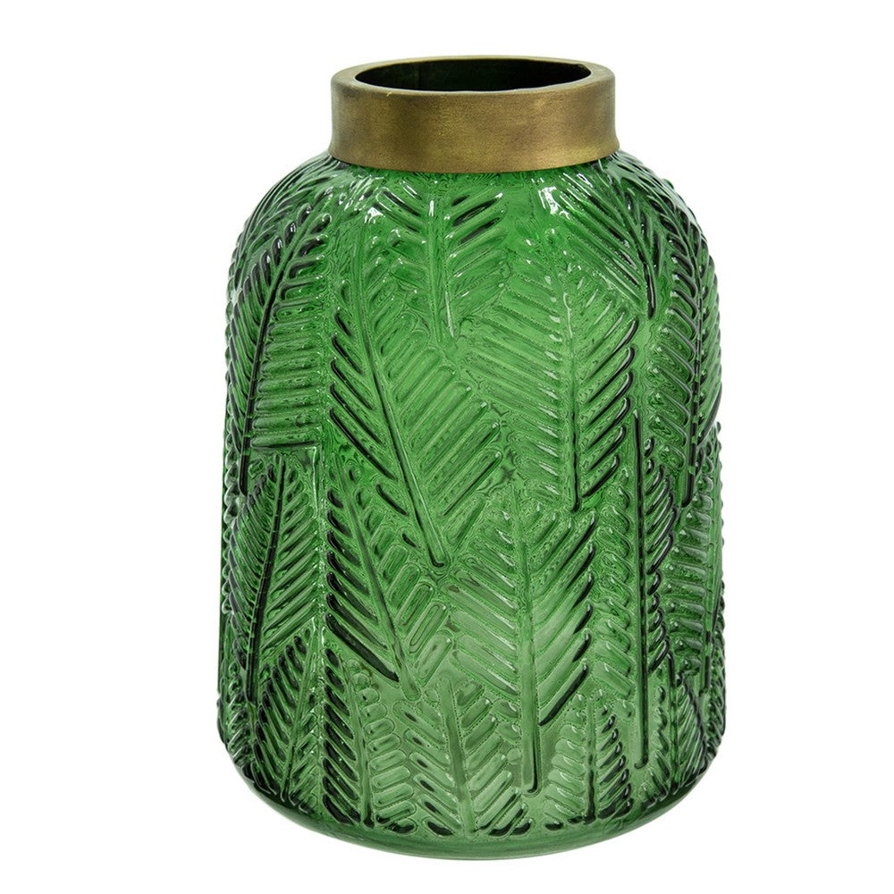 Dsy Floral Vase with Gold Rim, Embossed Fern Leaf, Green Glass 8 Inch