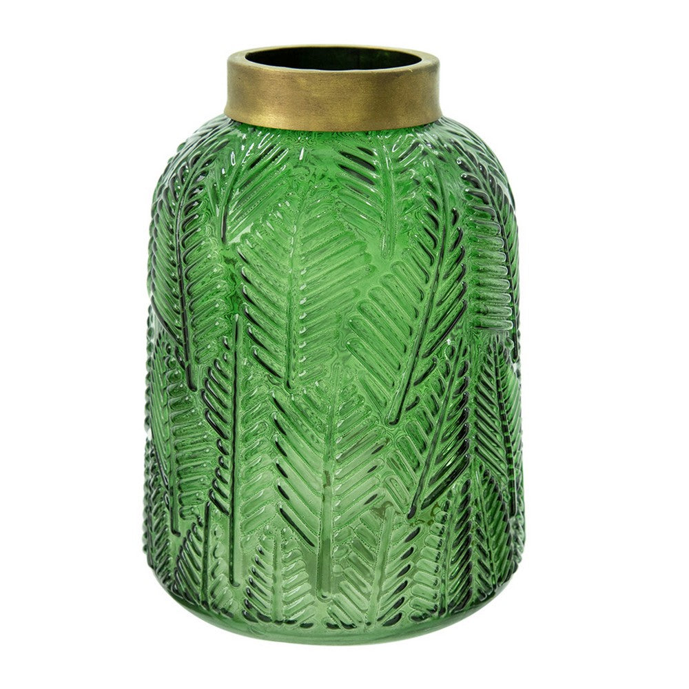 Dsy Floral Vase with Gold Rim, Embossed Fern Leaf, Green Glass 8 Inch