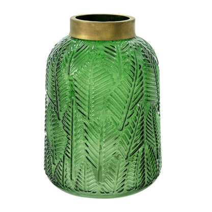 Dsy Floral Vase with Gold Rim, Embossed Fern Leaf, Green Glass 8 Inch