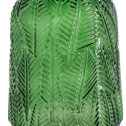 Dsy Floral Vase with Gold Rim, Embossed Fern Leaf, Green Glass 8 Inch