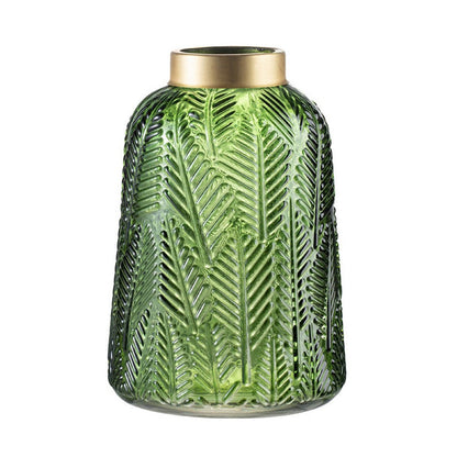 Dsy Floral Vase with Gold Rim, Embossed Fern Leaf, Green Glass 10 Inch