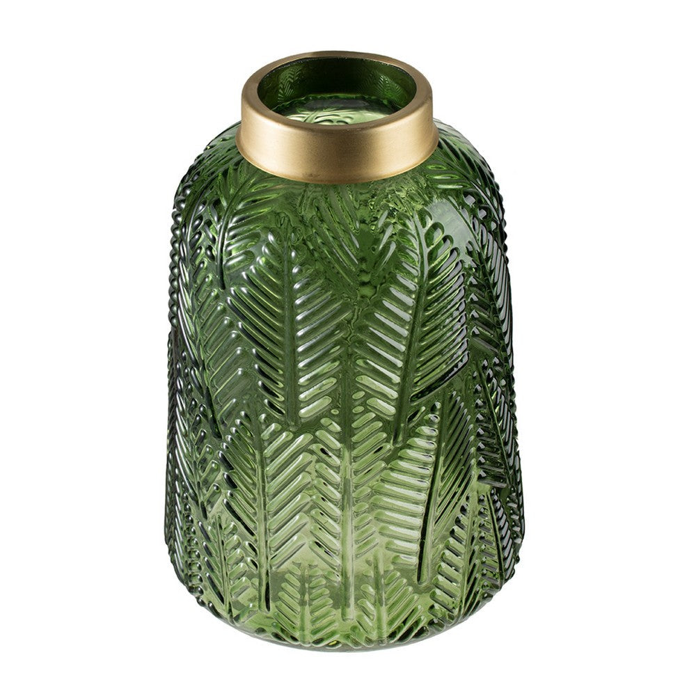 Dsy Floral Vase with Gold Rim, Embossed Fern Leaf, Green Glass 10 Inch