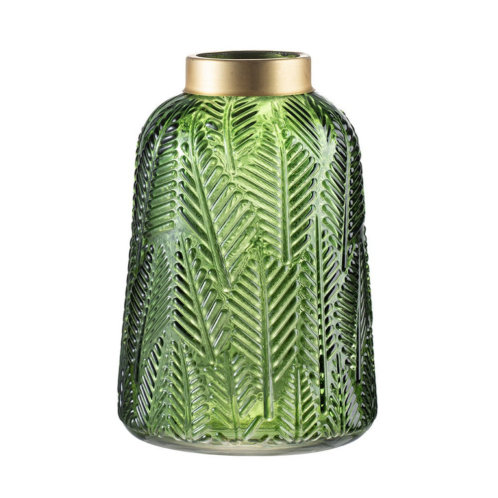 Dsy Floral Vase with Gold Rim, Embossed Fern Leaf, Green Glass 10 Inch