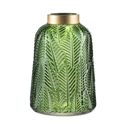 Dsy Floral Vase with Gold Rim, Embossed Fern Leaf, Green Glass 10 Inch