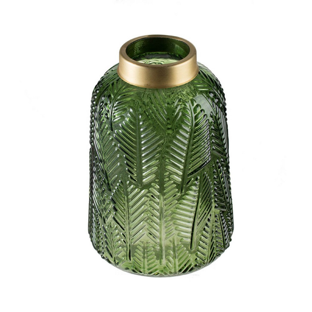 Dsy Floral Vase with Gold Rim, Embossed Fern Leaf, Green Glass 10 Inch