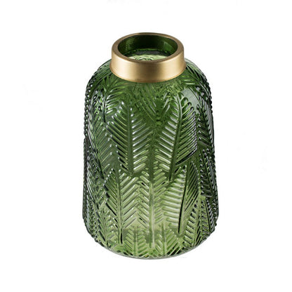 Dsy Floral Vase with Gold Rim, Embossed Fern Leaf, Green Glass 10 Inch