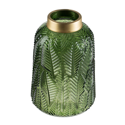 Dsy Floral Vase with Gold Rim, Embossed Fern Leaf, Green Glass 10 Inch