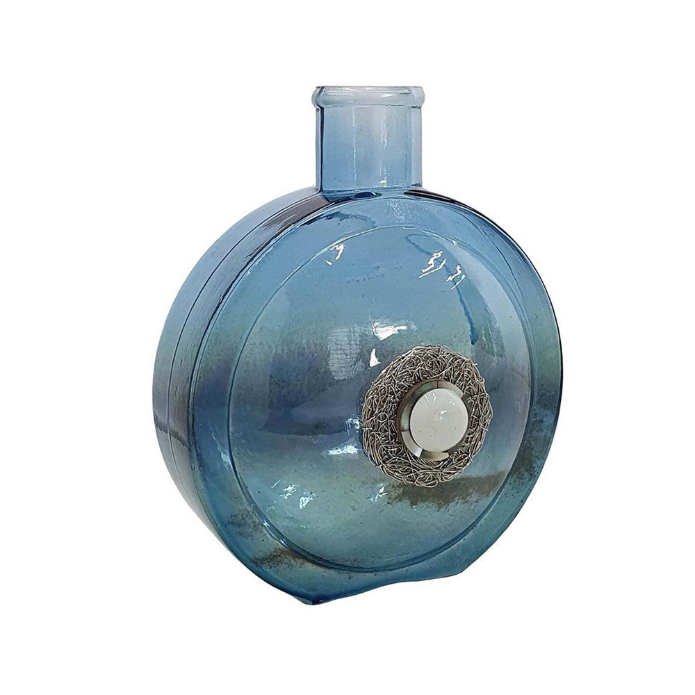 Decorative Floral Vase, Ocean Blue Glass with Stone Motif, 8 Inch