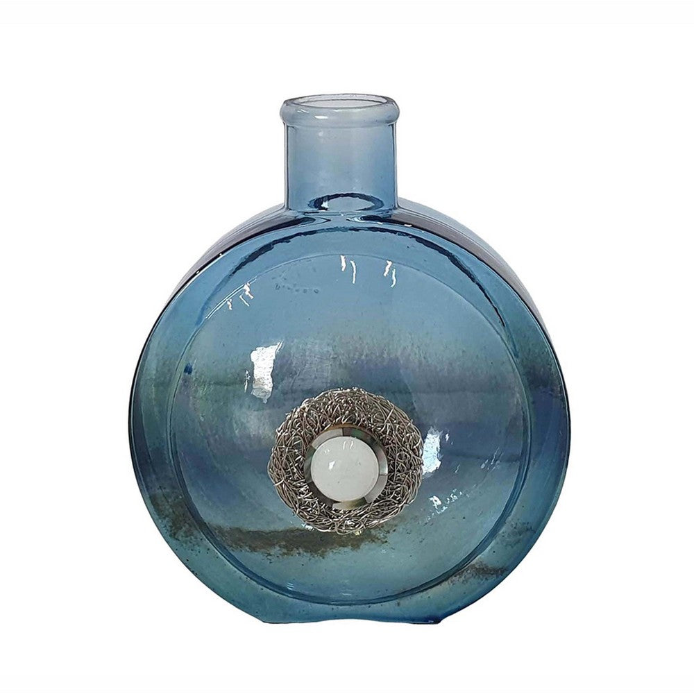 Decorative Floral Vase, Ocean Blue Glass with Stone Motif, 8 Inch