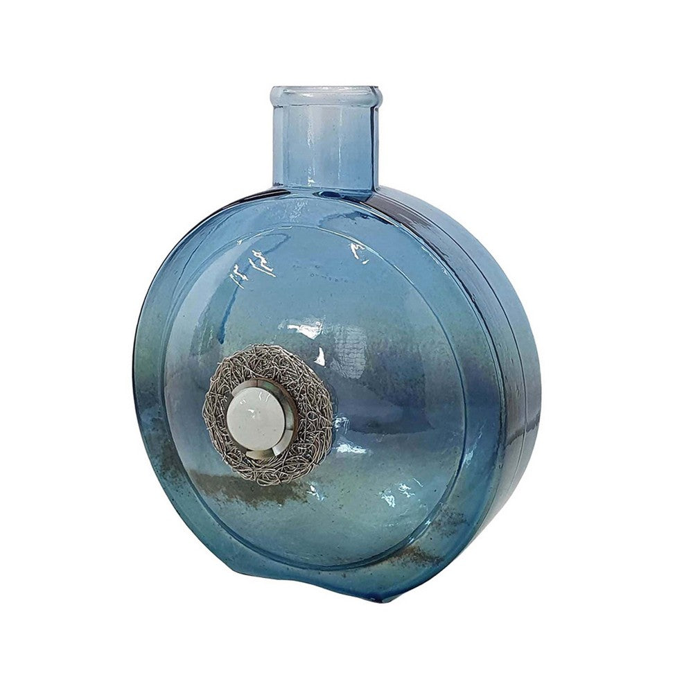 Decorative Floral Vase, Ocean Blue Glass with Stone Motif, 8 Inch